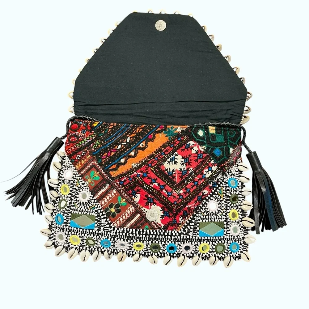 VIPUL SHAH Clutch Shoulder Bag Thikri Shells Leather Mermaid Fisherman Bollywood